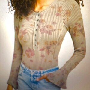 Free People Ribbed Floral Henley Bohemian, Cottage Bell Long Sleeves Sweater Sm